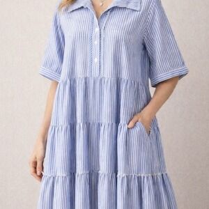 Umgee USA Womens Blue White Striped Tiered Midi Dress Short Sleeve Small Boho